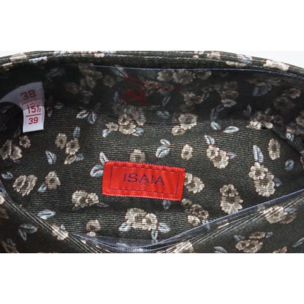 Isaia Microfiber Forest Green Beige Floral Long Sleeve Cotton Shirt 15.5/39 NEW - Picture 3 of 5